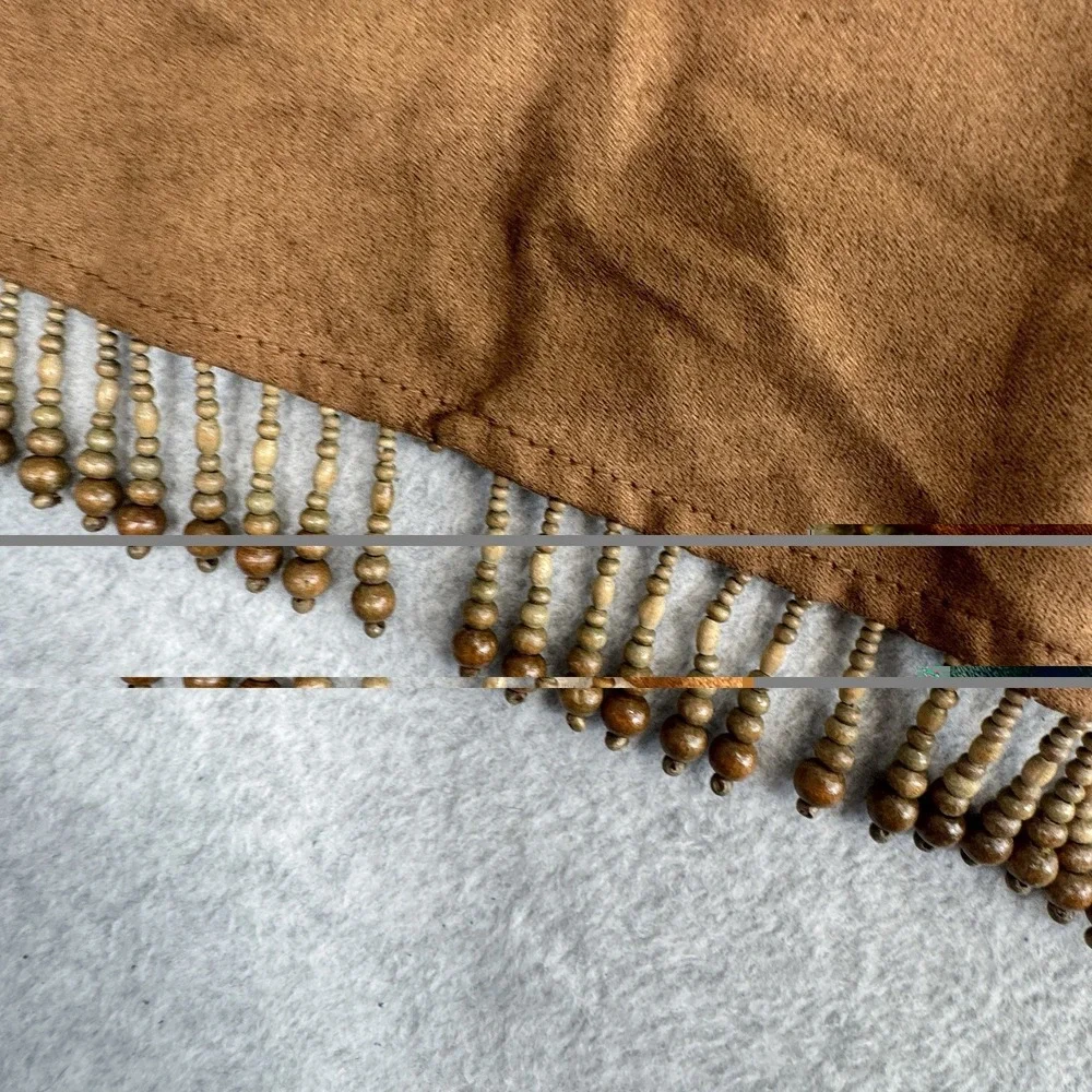 Vintage Faux Suede Beaded Curtain Valance Panels Set of 2 Brown Wood Bead Fringe